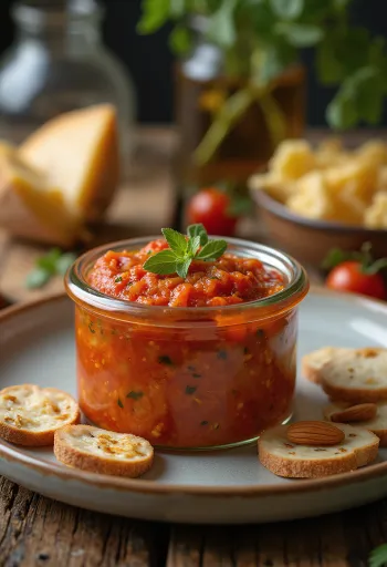 Pesto vermelho rústico de tomate seco e amêndoas com manjericão