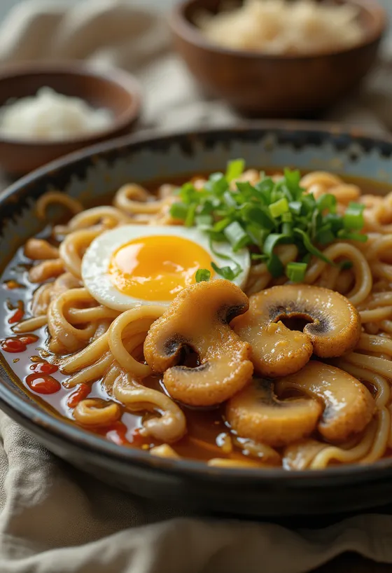 Tigela de ramen com cogumelos salteados, macarrão e acompanhamentos