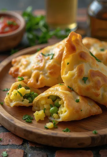 Samosa com recheio de batata e ervilha, formato triangular, massa crocante, decorada com coentro fresco