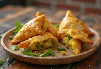Samosa com recheio de batata e ervilha, formato triangular, massa crocante, decorada com coentro fresco