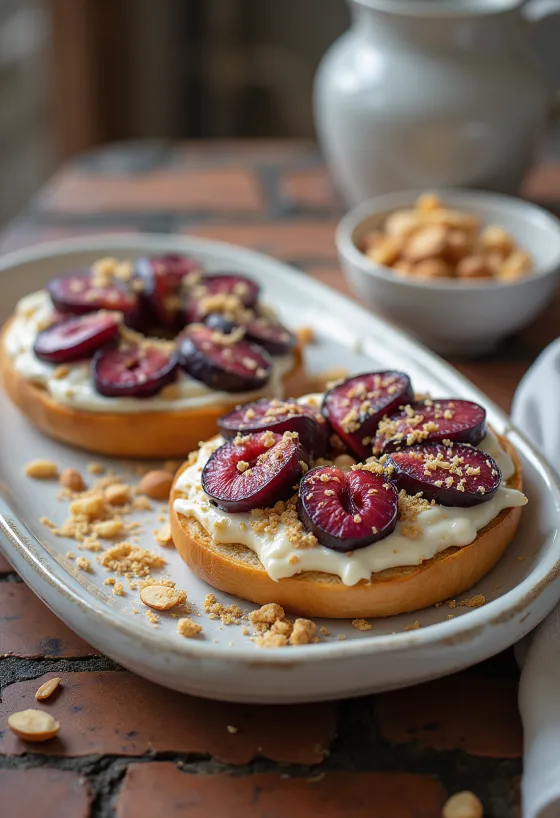 Bagel de ameixa com marzipã servido