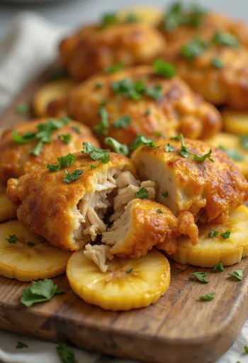 Acarajé com frango, bolinhos de tapioca, decorado com banana frita e coentro
