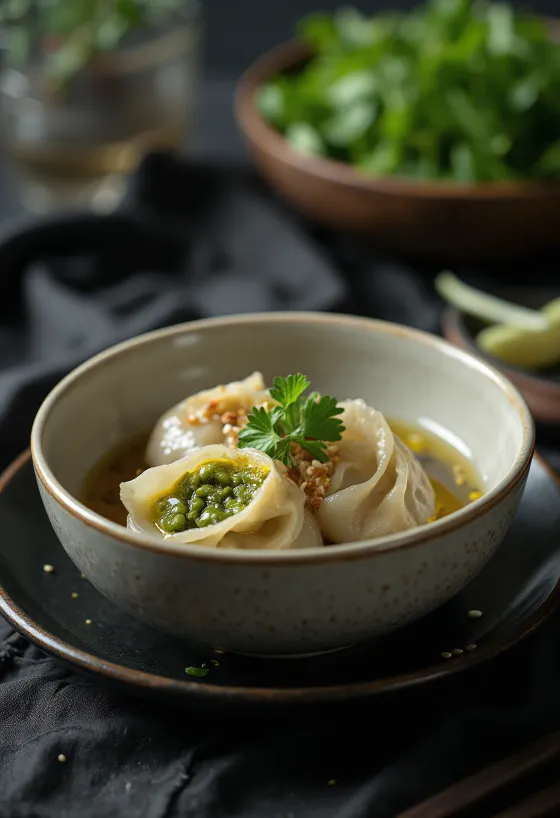Bánh bột lọc vegano com recheio de lentilha e hortelã