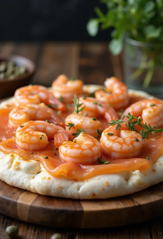 Pizza Frutti di Mare com salmão defumado servida
