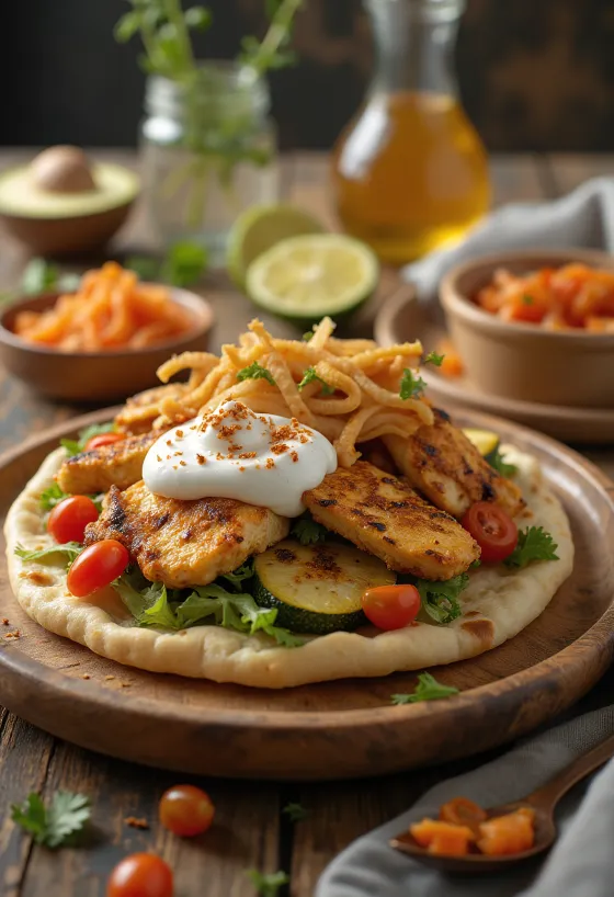 Gyros grego fusion servido em pão naan com carne, vegetais grelhados, tzatziki de curry e kimchi