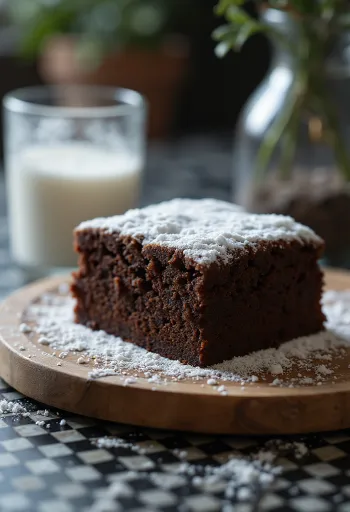 Bolo de cacau cortado em fatias, polvilhado com açúcar de confeiteiro