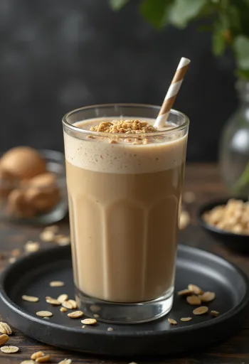 Smoothie de café servido em copo alto, decorado com rodelas de banana