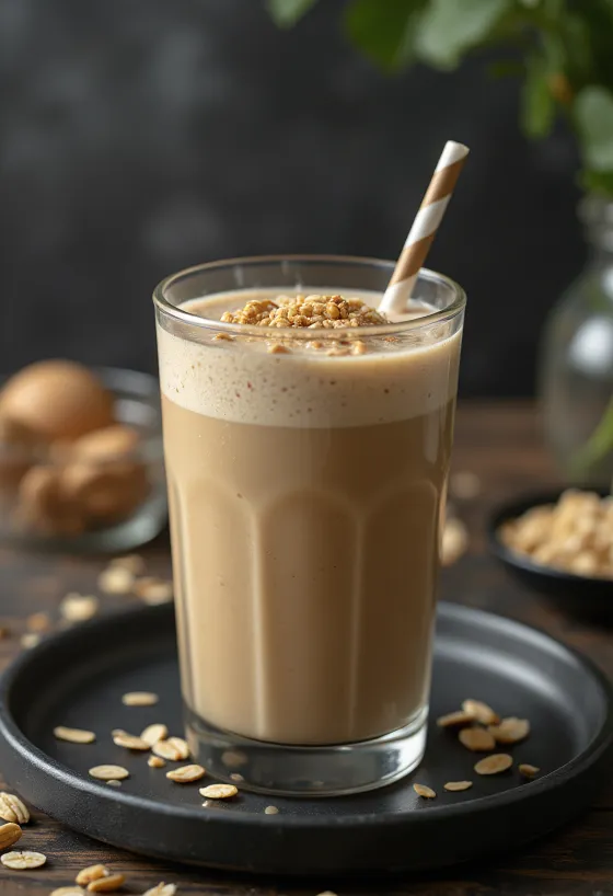 Smoothie de café servido em copo alto, decorado com rodelas de banana