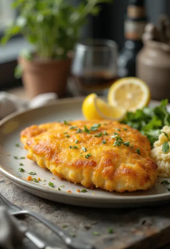 Escalope parisiense frito até dourar, servido em crosta crocante