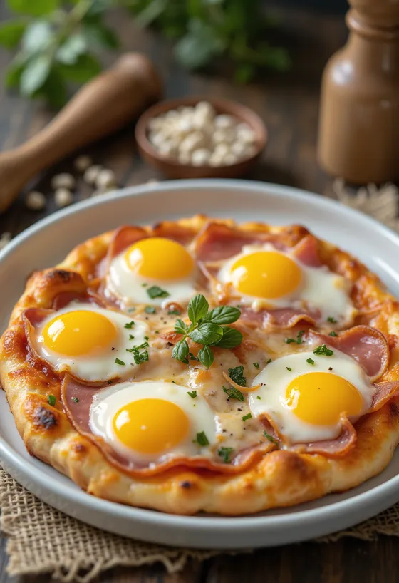 Pizza bismark com ovo estalado e presunto
