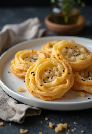 Achappam recém fritos, bolinhos de coco dourados, arranjados em uma tigela.
