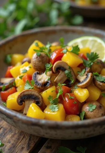 Ackee com cogumelos, um prato delicioso servido com coentro fresco e fatias de limão