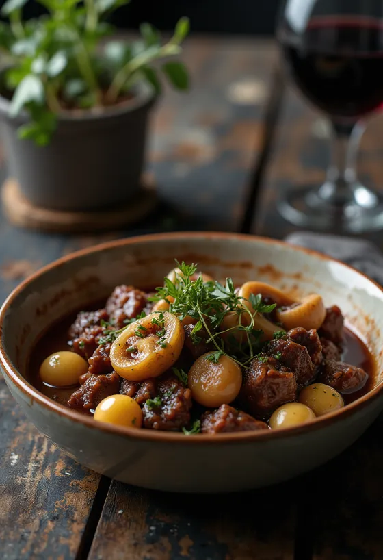 Boeuf Bourguignon servido com purê de batatas