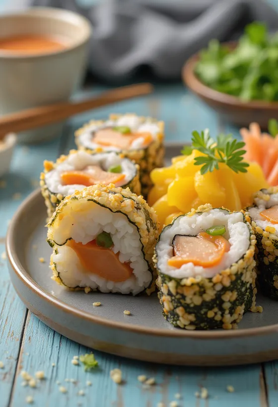 Gimbap de Frango, rolinhos coreanos de frango polvilhados com gergelim