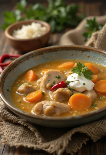 Ciorba de porco servida com carne suína, caldo rico em vegetais e salsa fresca