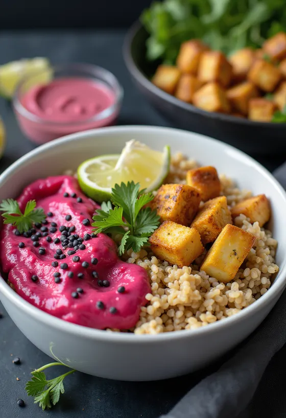 Buddha Bowl de quinoa e limão com tofu ao curry e tahine de beterraba servido