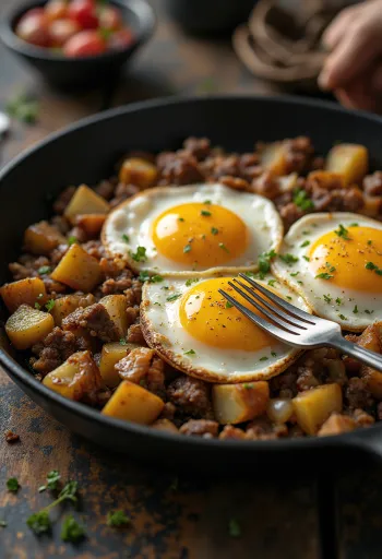 Pyttipanna clássico, servido com batatas fritas em cubos, carne e ovo frito