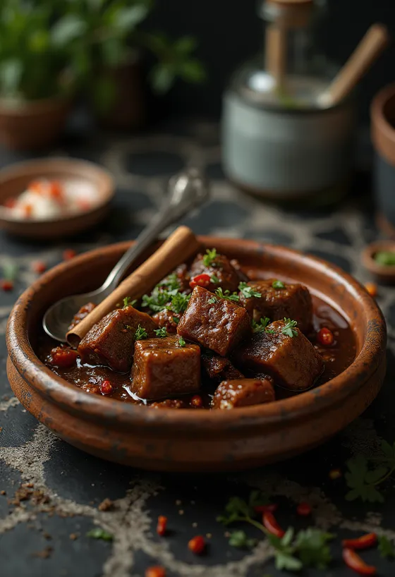 Rendang Tok servido, prato malaio rico e cremoso com leite de coco e especiarias