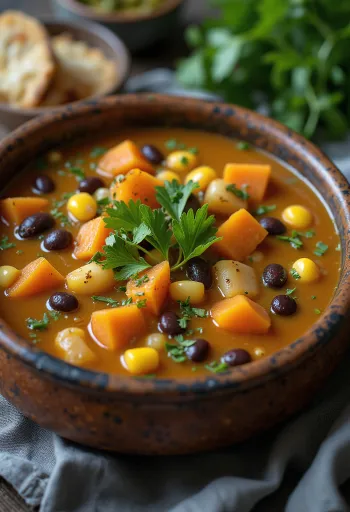 Sancocho vegano servido, decorado com coentro fresco e limão