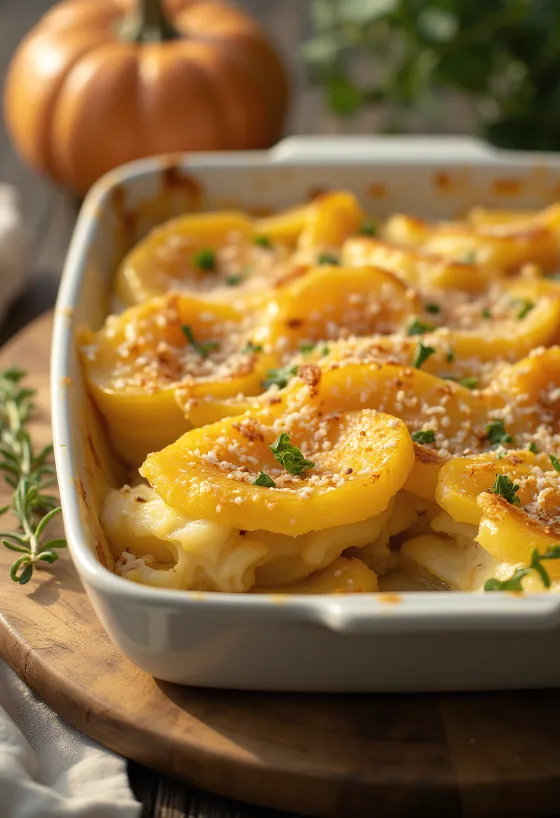 Batata gratinada com abóbora servida