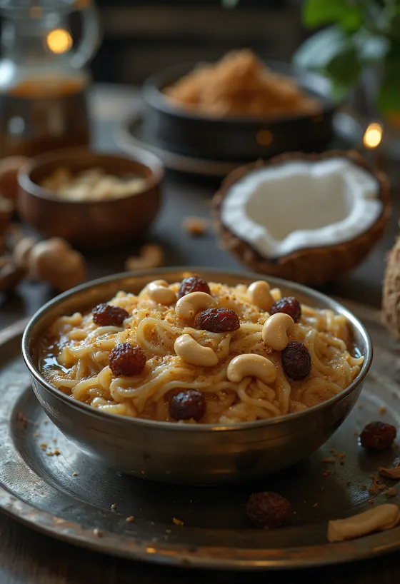 Ada Pradhaman, servido com leite de coco e água de rosas