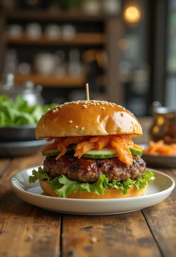Hambúrguer Bulgogi servido com salada e kimchi