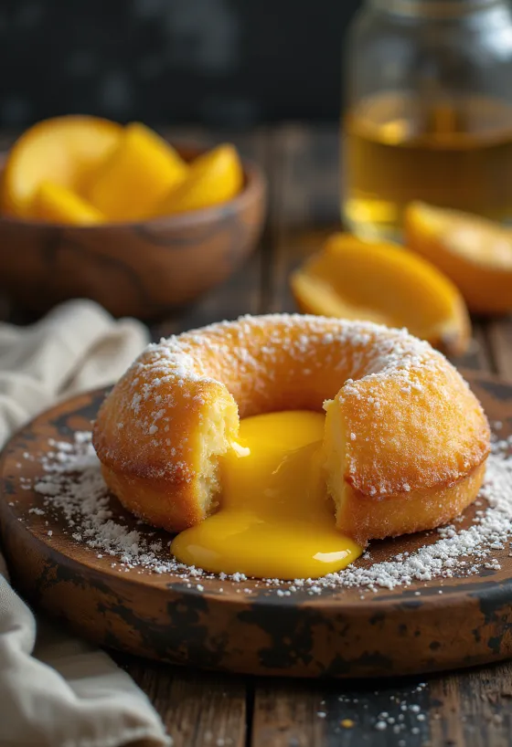 Malasada com creme de manga, decorada com açúcar de confeiteiro e folhas de hortelã fresca