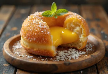 Malasada com creme de manga, decorada com açúcar de confeiteiro e folhas de hortelã fresca