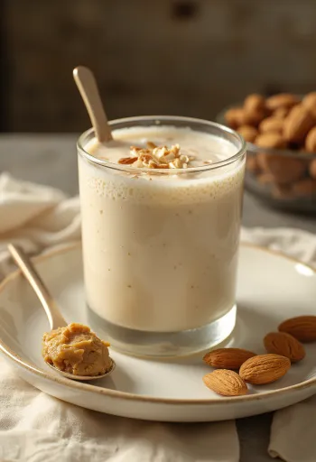 Kefir de aveia probiótico sabor amêndoa, bebida cremosa clara em copo