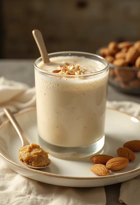 Kefir de aveia probiótico sabor amêndoa, bebida cremosa clara em copo