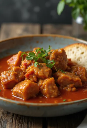 Ensopado de carne suína servido com batatas e salsinha fresca