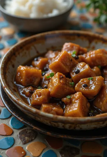 Adobo de porco, servido com arroz e coentro fresco