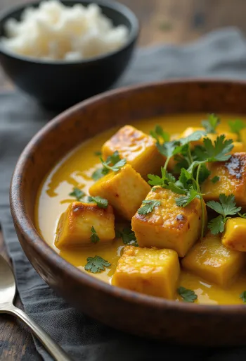 Ragu de tofu ao curry grelhado servido