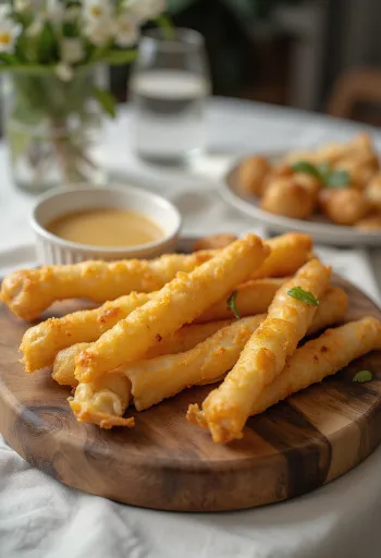 Cakwe frito dourado e crocante servido com molho de alho