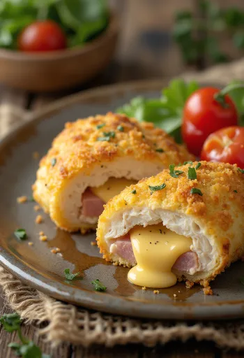 Cordon bleu servido com salada fresca e batata frita