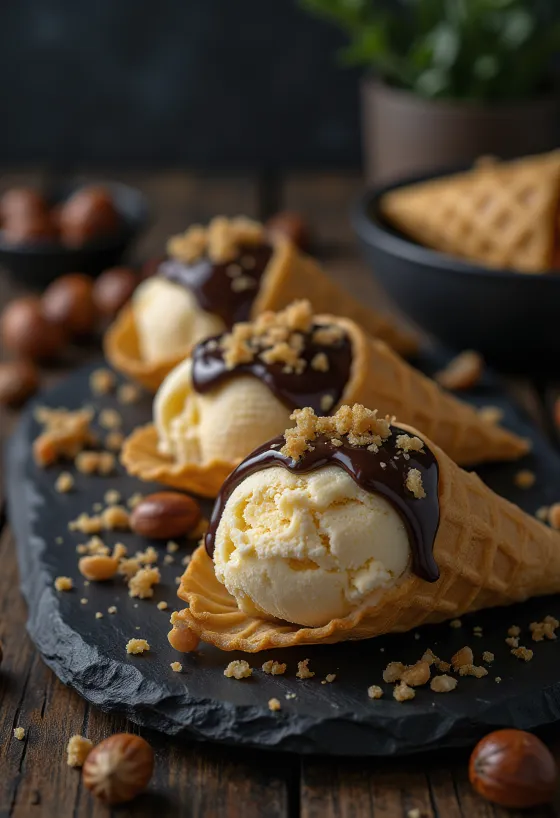 Cone de sorvete crocante com sorvete de avelã e cobertura de chocolate