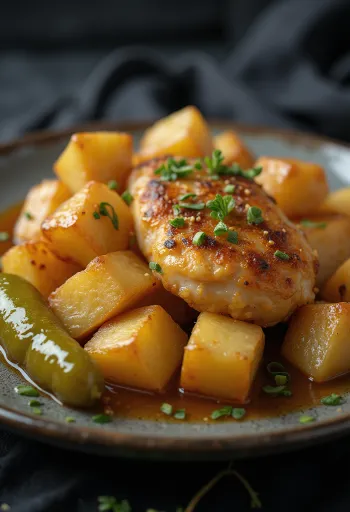 Frango à Brassói com cubos de batata frita e salsinha fresca