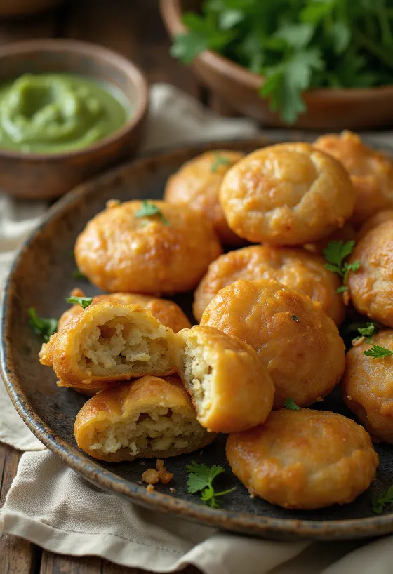 Khasta kachori servido com chutney verde, crocante e dourado