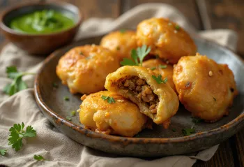 Khasta kachori servido com chutney verde, crocante e dourado