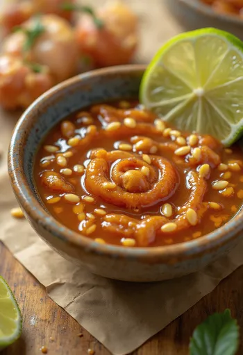 Molho de limão com gergelim, mel e pimenta servido