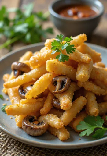 Kakiage de cogumelos frito, crocante e dourado