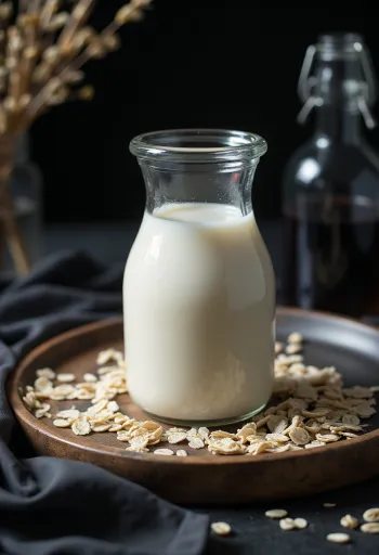 Kefir de aveia probiótico em vidro, bebida vegetal sedosa servida