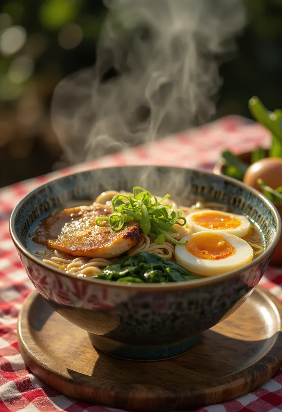 Ramen com sobrecoxa de frango assada, servido com ovo e vegetais frescos
