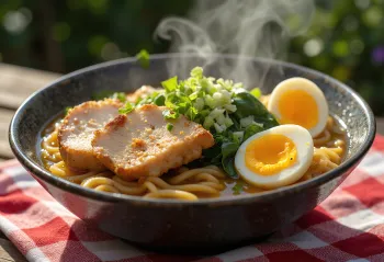 Ramen com sobrecoxa de frango assada, servido com ovo e vegetais frescos