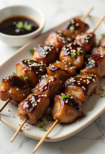 Yakitori de fígado de frango servido no espeto, com gergelim e cebolinha