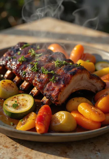 Costelinha assada com legumes no vapor servida no prato