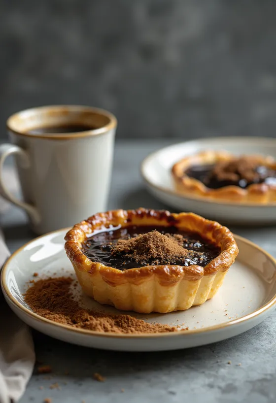 Pastel de Nata com açúcar caramelizado, doce cremoso e rico, com massa folhada