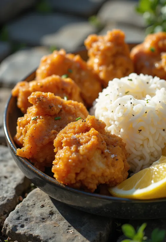 Frango Karaage com arroz, carne de frango crocante servida com coentro fresco