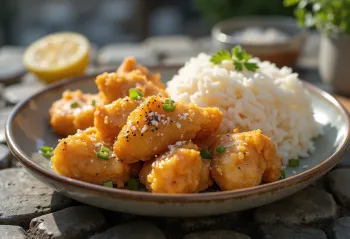 Frango Karaage com arroz, carne de frango crocante servida com coentro fresco
