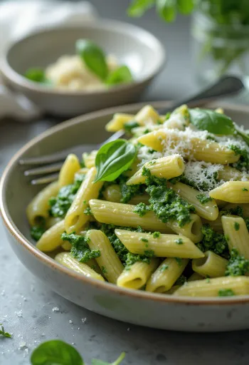 Macarrão cremoso com espinafre polvilhado com parmesão fresco, servido em prato branco.